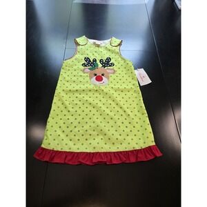 NWT Rosalina Collections Girls 3T Reindeer Christmas Jumper Dress Lime Polka Dot